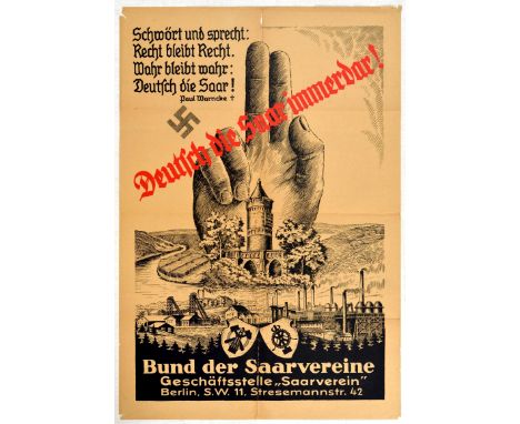 Original vintage Nazi Germany propaganda poster issued by the Bund der Saarvereine ahead of the referendum on adjoining Saarl