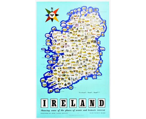 Original vintage travel poster of an illustrated map of Ireland, with images showing various places of interest across the en