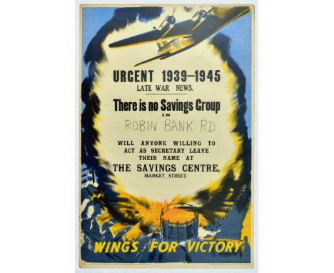 Original vintage Second World War propaganda poster titled Wings for Victory, with a painting of a military plane during a bo