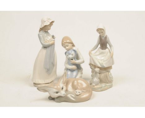 A collection of Lladro and Nao figuresTo include a Lladro seated fox and cub and a figure of girl and rabbit, together with t