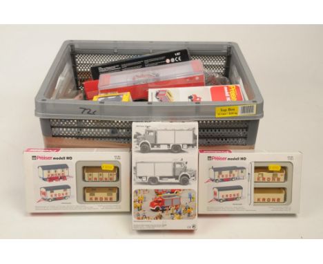 A quantity boxed Preiser model vehiclesTo include fire engine, showman's type wagon, Wiking fire engine, Brekina fire engine,