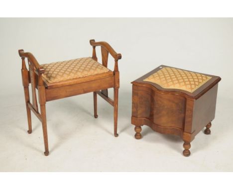 An Edwardian piano stool and a Victorian mahogany commode stoolThe piano stool with arched side rails, the uprights adorned w