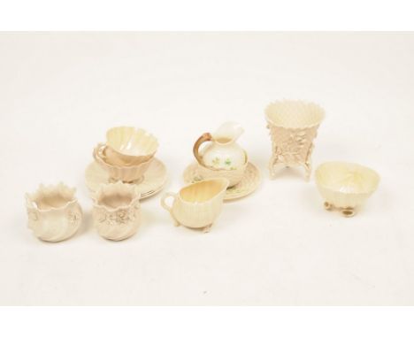 A collection of various Belleek porcelain itemsComprising 2nd Period "Shamrock" pattern teacup, saucer and jug, small group o