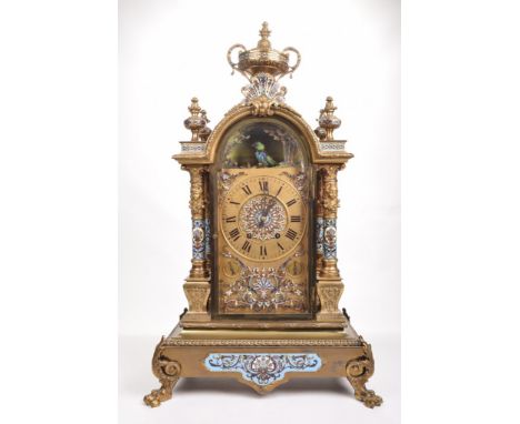 A rare French gilt-metal Champlevé enamel singing bird clock, in the manner of Blaise Bontems (1814-1893) circa 1880 Of exqui