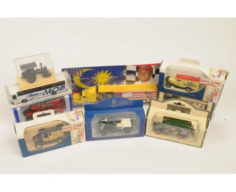 A large collection of boxed model carsTo include 1930 Bentley 4.45 litre blower, vans, lorries, barges, boats etc.