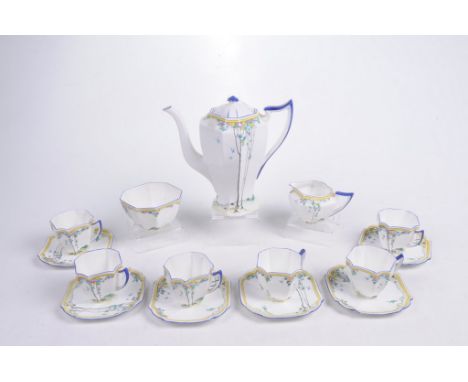 A Shelley 'Balloon Tree' pattern coffee service Of Queen Anne shape, comprising coffee pot, six teacups, six saucers, milk ju