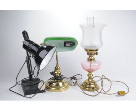 A Collection of three Cotemporary table lampsTo include a black angle-poise, gilt metal and green glass desk lamp and a Victo