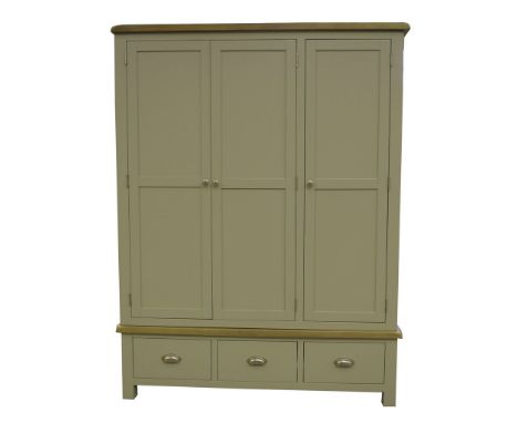 A light oak and grey painted triple wardrobeWith a light oak cornice above three  painted panel doors each with brush metal b