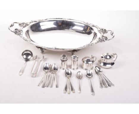 A collection of silver teaspoons, condiments and a silver plated two handled bowlTo include five teaspoons with pointed termi