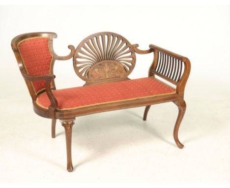 An unusual Edwardian inlaid mahogany sofa window seatThe back centred with a pierced and inlaid fan and flanked by a shield s