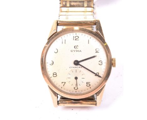 Cyma: A 9ct gold manual wind bracelet watchWith subsidiary dial, to expandable strap  