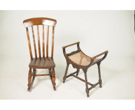 A Bobbin turned oak stool and an elm seated rocking chairThe stool with barley twist side rails above a concave rattan seat r