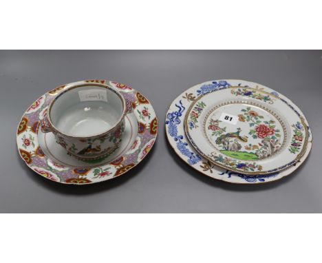 A Spode stone china double peacock pattern plate tureen and two Spode floral plates