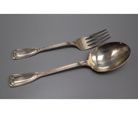 A pair of Tiffany &amp; Co sterling serving spoon &amp; fork, with original box, 7 oz.
