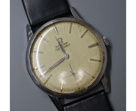 A gentleman's 1950's/1960's? stainless steel Omega Century manual wind wrist watch, on later associated strap.