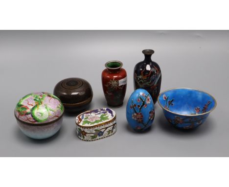 A group of Japanese and Chinese cloisonne enamel vases, boxes and a bowl