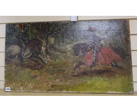 English School c.1900, oil on canvas, Sketch of jousting knights, 46 x 80cm, unframed