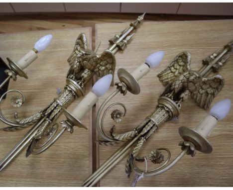 A pair of Georgian style two-light gilded 'eagle' wall brackets, H 78cm