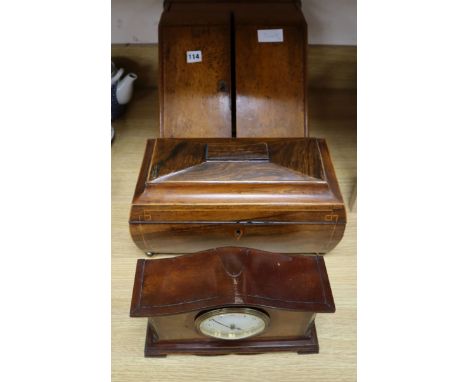 A rosewood 19th century tea caddy, mantel clock and oak stationery box