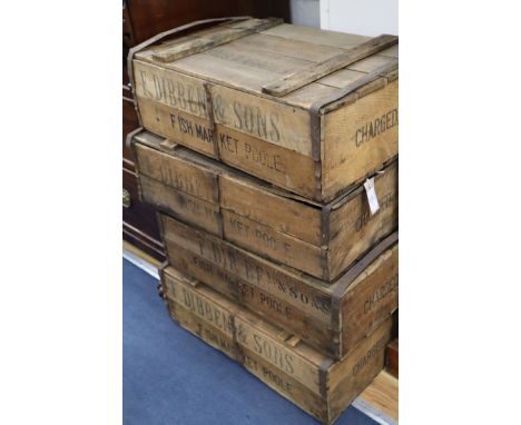 Four vintage Dibben and Sons Poole fishmongers crates W.60cm