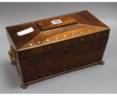 A Regency walnut brass inlay tea caddy
