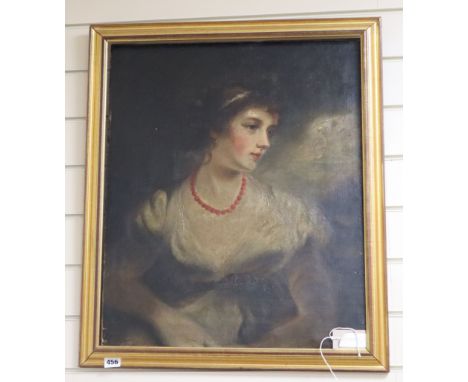 19th century English School, oil on canvas, Portrait of a lady wearing a coral bead necklace, 60 x 50cm