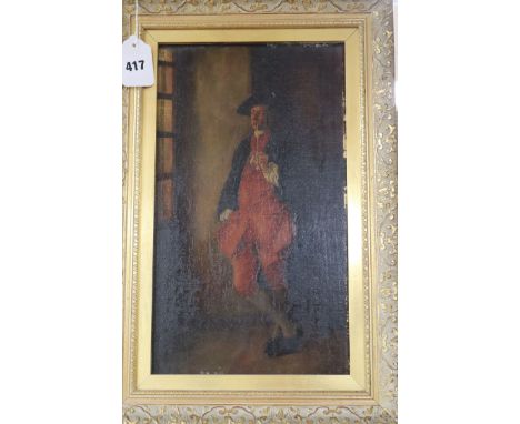 Victorian School, oil on canvas, 18th century gentleman smoking a clay pipe, 36 x 21cm