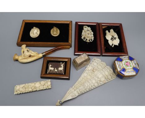 Two framed lava cameos, ivory brooches, ivory brise fan, meerschaum pipe etc.