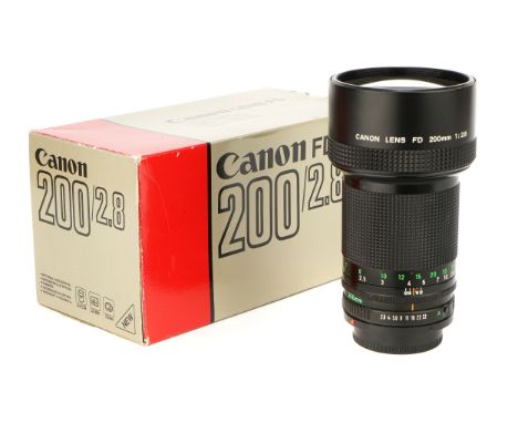 A Canon FD f/2.8 200mm Lens, black, serial no. 31962, body, VG, elements, VG, some very light internal haze, with front cap a