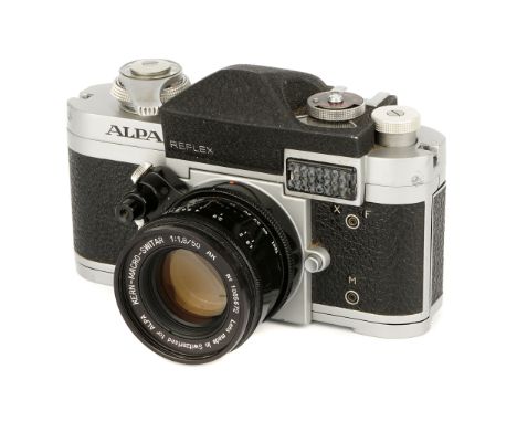 A Pignons Alpa Mod.6c SLR Camera, 1960-69, chrome, serial no. 52455, with Kern-Macro-Switar AR f/1.8 50mm lens, black, serial