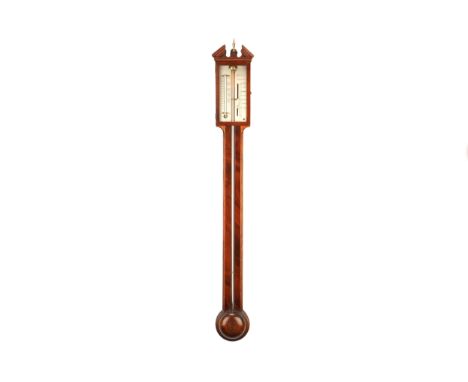 An Irish Mercury Stick Barometer, c. 1810 by Joseph Ribaldi of Limerick, in mahogany, open pediment with urn finial, glazed d