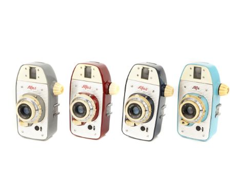 Four WZFO Alfa Cameras, 1963, including Alfa-2 dark blue, Alfa-2 light blue, Alfa-2 red and Alfa light grey, all with WZFO Em