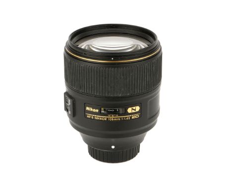 A Nikon AF-S Nikkor IF ED N f/1.4 105mm Lens, black, serial no. 409834, body, VG, elements, VG, some light inernal haze, with