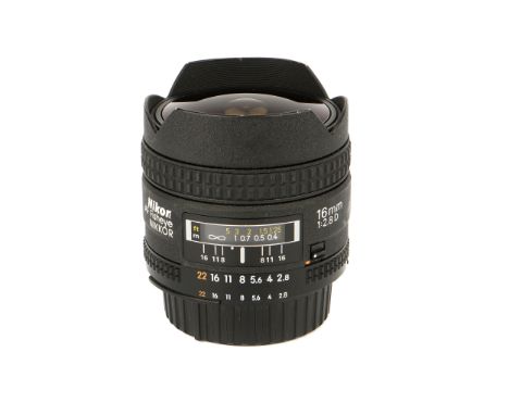 A Nikon AF Fisheye Nikkor f/2.8 16mm Lens, black, serial no. 409834, body, VG, elements, VG, some light inernal haze, with ma