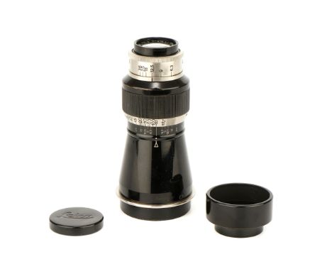 A Leitz Mountain Elmar f/6.3 105mm Lens, 1933, black/nickel, serial no. 162077, body, E, elements, VG-E, some very light inte