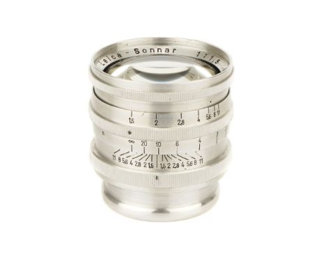 A Leica-Sonnar f/1.5 58mm Lens, chrome, serial no. 1407316, body, VG-E, elements, VG, some very light cleaning marks to eleme