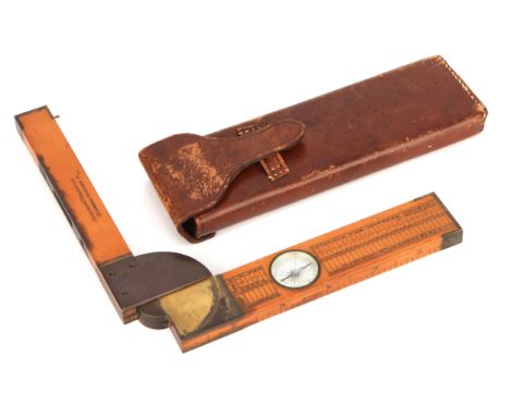 A Boxwood Clinometer Rule by Stanley, English, c. 1900, in boxwood and brass, with inset magnetic compass, protractor hinge d