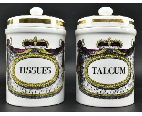 Piero Fornasetti (Italian 1913-1988) - two mid 20th century circa 1950s transfer printed &amp; gilt porcelain spice storage j
