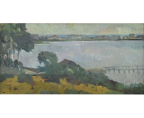 Rodney Wilkinson (British, 1924-2004) - Early Morning, Poole Harbour - a 20th century oil on board landscape painting of Pool