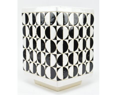 A retro mid 20th century ceramic vase / plant pot / planter. Of square form with two tone circular patterned decoration throu