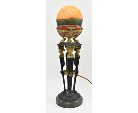 A 20th century cast iron, porcelain and slate Neo Classical style column table lamp. The lamp with mottled glass shade and po