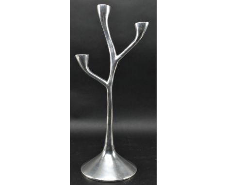Georg Jensen (attributed to) - a vintage late 20th century three arm chrome candlestick. The candle holder in the shape of a 