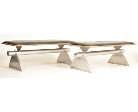 Zoeftig - Zenky - a pair of late 20th century vintage plywood and steel airport terminal benches. Each bench having a heavy s