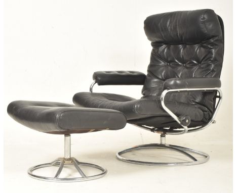 Ekornes - a Swedish Modern Design 20th century 1970s chrome framed and black leather swivel lounge armchair and matching otto