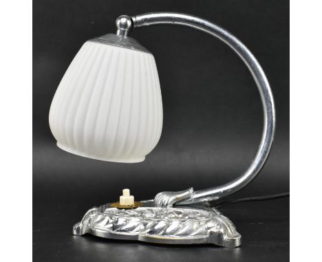 A small Italian retro mid 20th century chrome metal &amp; frosted glass desk table lamp light. The lamp having a gadrooned bu