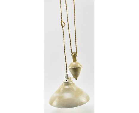 An early 20th century rise and fall enamel ceiling pendant light. The light with white enamel shade &amp; rise and fall mecha