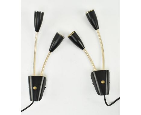 A pair of retro 20th century brass & black metal Sputnik style wall lights / sconces. Each having two floral inspired arms wi