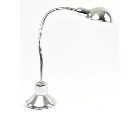 A retro 20th century industrial / office chrome desktop gooseneck lamp light. The lamp having a domed shade upon a gooseneck 