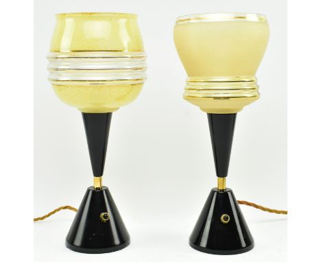 A near matched pair of vintage 20th century Art Deco inspired colour glass &amp; black metal desk table lamps / lights. Each 