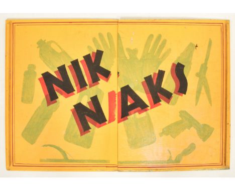 Nik Naks - a vintage fairground / funfair hand painted shop sign. The two part sign having red and black notations on yellow 